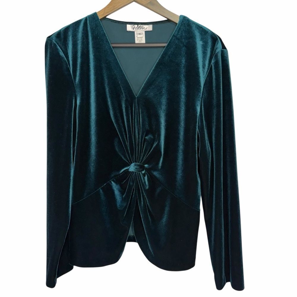 Vintage Patra Knot-Detail Velvet Top size XL Emerald Green Long Sleeve V-Neck